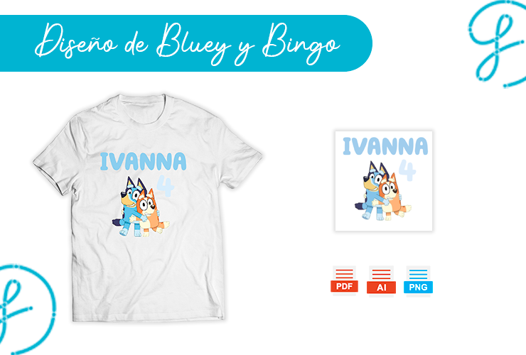 Diseño gratuito de Bluey y Bingo para cumpleaños – Ideal para sublimación y playeras personalizadas descarga gratis PNG AI SVG