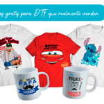 Mockup de camiseta y taza personalizadas con diseños DTF modernos y coloridos, junto a texto que dice “Diseños GRATIS para DTF que realmente VENDEN”, representando recursos gráficos gratuitos para emprendedores del sector de impresión térmica.