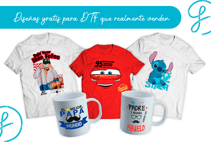 Mockup de camiseta y taza personalizadas con diseños DTF modernos y coloridos, junto a texto que dice “Diseños GRATIS para DTF que realmente VENDEN”, representando recursos gráficos gratuitos para emprendedores del sector de impresión térmica.
