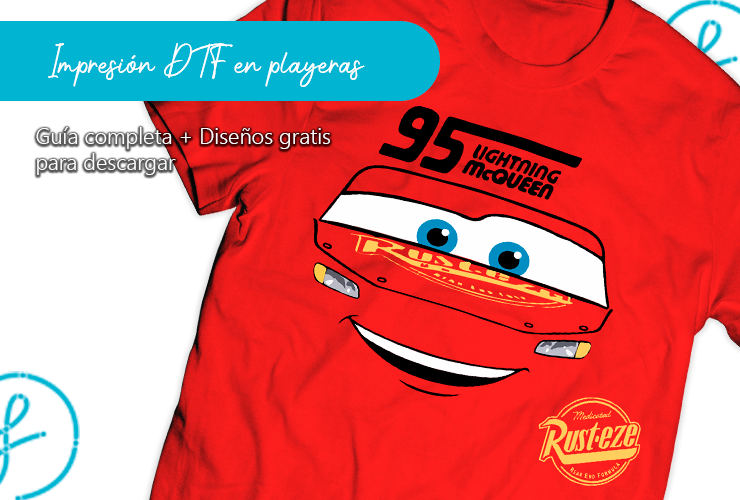 Miniatura ilustrativa de guía sobre impresión DTF en playeras, con ejemplo de camiseta personalizada y formatos de diseño descargables