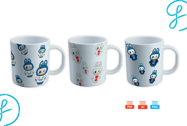 Mockup de plantillas de taza Labubu con uniformes del Real Madrid, PSG y Bayern para sublimación (PNG, AI y SVG)