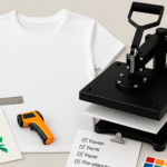 Mesa de sublimación con plancha a 180 °C, playera blanca, papel de sublimación y checklist (espejo, perfil, papel, pre-plancha); guía práctica 2025
