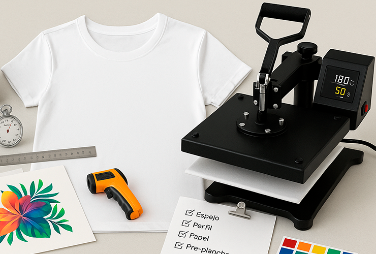 Mesa de sublimación con plancha a 180 °C, playera blanca, papel de sublimación y checklist (espejo, perfil, papel, pre-plancha); guía práctica 2025