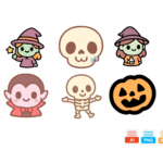 Set de personajes de Halloween infantiles vectorizados: bruja, vampiro, esqueleto, calabaza y calavera en svg, png y ai
