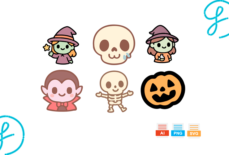 Set de personajes de Halloween infantiles vectorizados: bruja, vampiro, esqueleto, calabaza y calavera en svg, png y ai