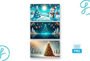 Muestra del pack de fondos de Navidad en PNG con árboles navideños, paisajes nevados y diseños coloridos para descargar gratis.