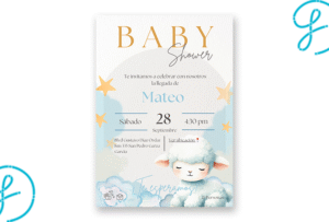 Plantilla editable de Baby Shower de borreguito para niño, lista para imprimir en PDF o PNG