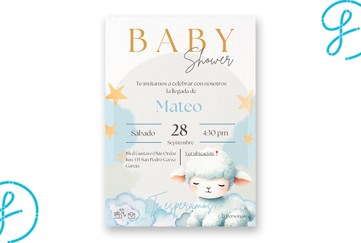 Plantilla editable de Baby Shower de borreguito para niño, lista para imprimir en PDF o PNG