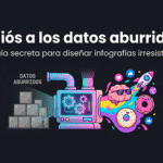 Ilustración de portada estilo infotainment que muestra una máquina transformando bloques de datos grises y aburridos en elementos visuales vibrantes como cohetes y donas. Imagen destacada para el artículo: Guía secreta para diseñar infografías irresistibles en DisenosGratis.com