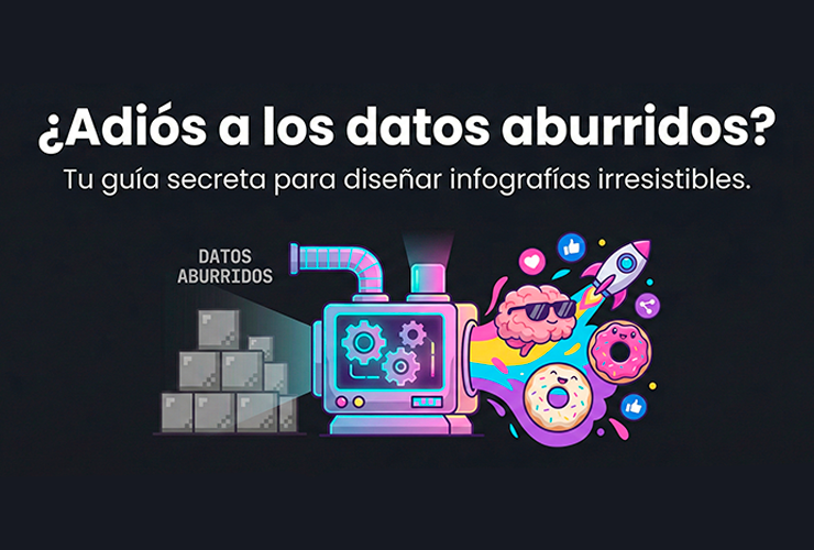 Ilustración de portada estilo infotainment que muestra una máquina transformando bloques de datos grises y aburridos en elementos visuales vibrantes como cohetes y donas. Imagen destacada para el artículo: Guía secreta para diseñar infografías irresistibles en DisenosGratis.com