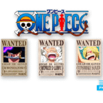 Collage que muestra el Logo oficial de One Piece en formato PNG transparente en la parte superior, acompañado debajo por los carteles de recompensa 'Wanted' actualizados de Roronoa Zoro, Luffy Gear 5 (Nika) y Sanji, listos para imprimir
