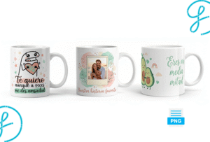 Portada del pack de 20 plantillas para sublimar tazas de Amor y Amistad. Muestra ejemplos de diseños de Flork, Spotify y Aguacates listos para descargar gratis.